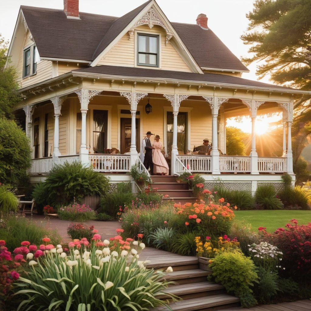 A charming Victorian inn nestled among lush, blooming gardens, with a couple dressed in elegant vintage attire enjoying a quiet moment on a wooden porch. Include soft, warm lighting that evokes a sunset. Capture the rustic yet luxurious ambiance, with intricate architectural details and serene countryside surroundings. painting. warm, romantic hues.