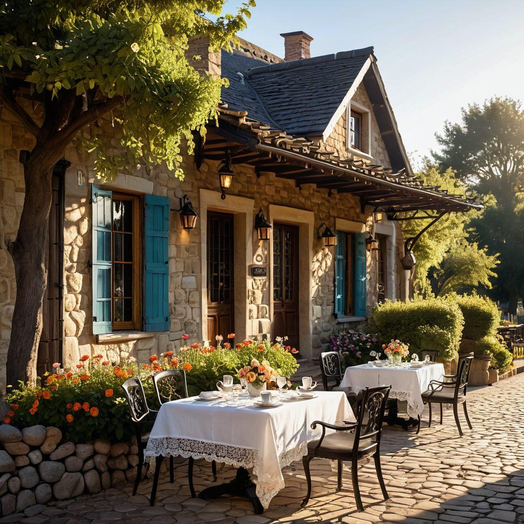 A charming heritage boutique hotel set against a picturesque countryside, blending rustic wooden architecture with elegant vintage decor. Golden sunlight filters through trees, casting a warm glow on cobblestone pathways and blooming flower gardens. Guests can be seen enjoying tea on wrought iron tables adorned with lace tablecloths. super-realistic. vibrant colors. vintage filter.