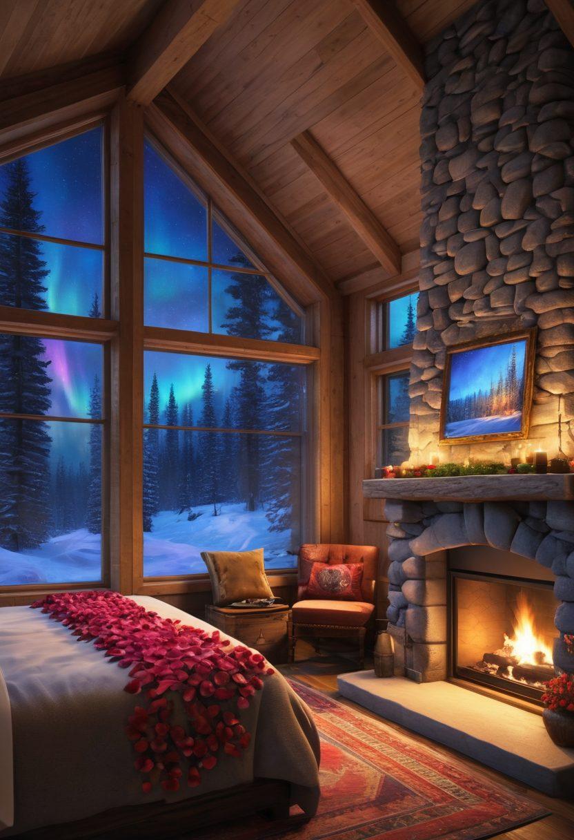 A cozy, candlelit cabin nestled in a snow-covered forest, with a glowing stone fireplace, soft, plush seating, and a window showing a breathtaking view of the Northern Lights. Add subtle details like rose petals on a luxurious bed, and a warm, inviting ambiance. super-realistic. warm, romantic lighting. vibrant colors.